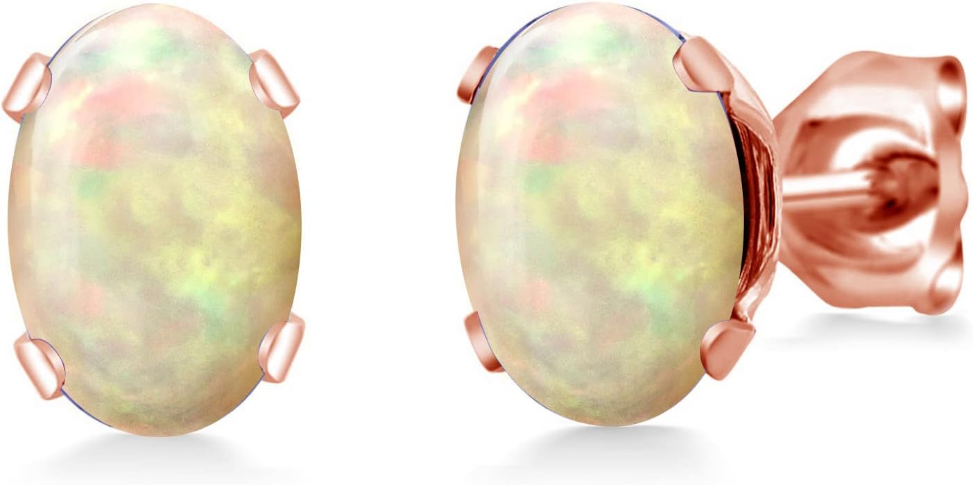 Gem Stone King 1.02 Ct Oval Cabochon 7x5mm White Ethiopian Opal Brass Rose Gold Plated Brass Stud Earrings For Women Men