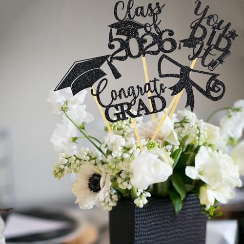 Image of Graduation Centerpiece Sticks 24PCS Glitter Grad Picks Party Table Decor Senior High School College Sign Black