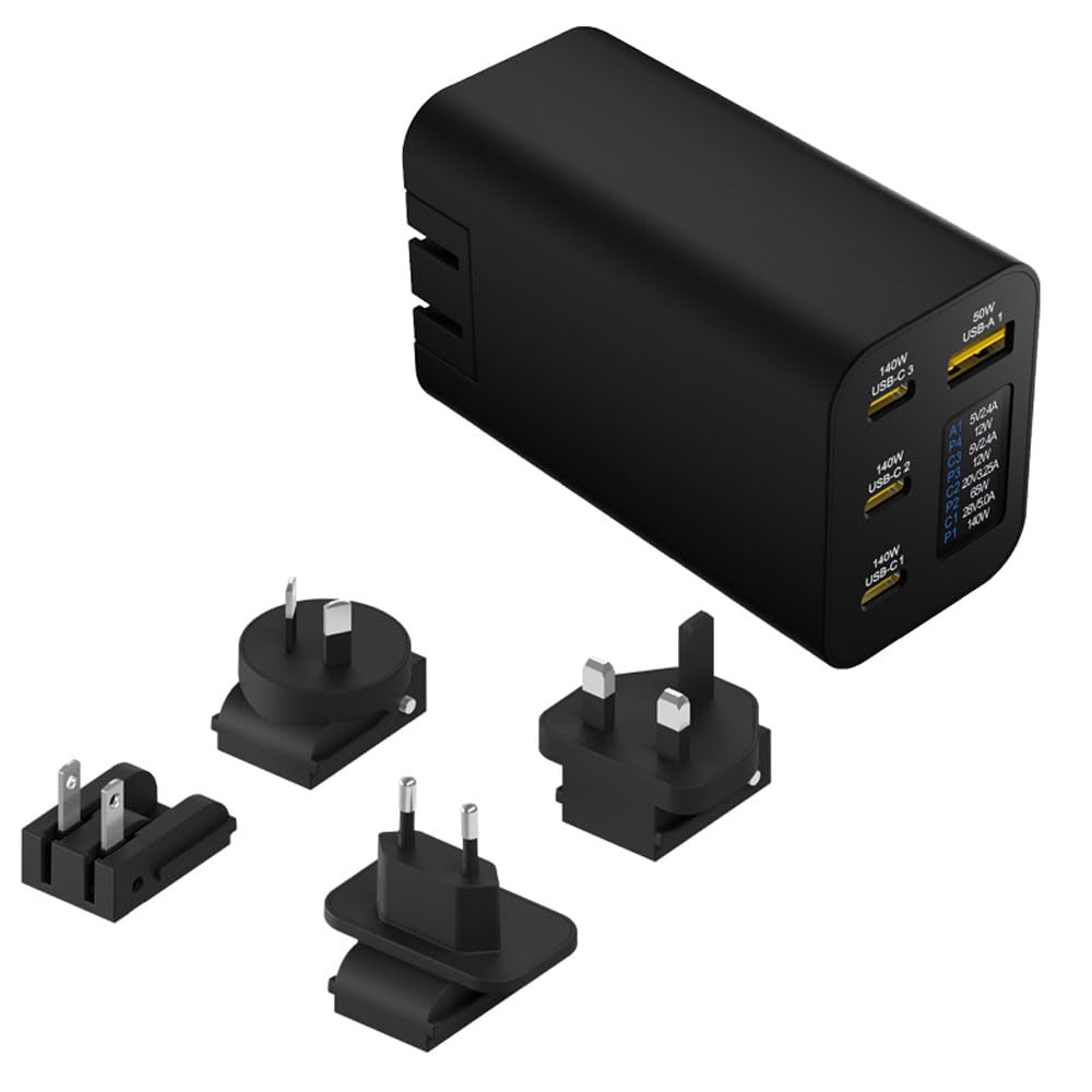 Chargeur Gan 280W avec écran OLED,4-Port GaN Type-C Adaptateur avec 3USB-C +1USB-A,PD 140W Chargeur Rapide,Chargeur Universel pour l'europe,Les États-Unis,l'Australie et Le Royaume-Uni（Noir）