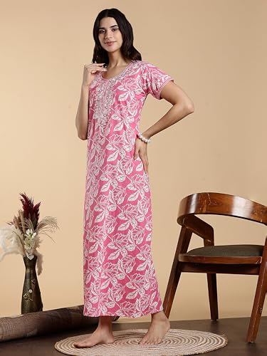 Image of 9shines Label Stylish Pure Cotton Nighty Maxi for Women | Embroidery Neckline Nightgown | A-Line Nightdress with Pocket | Floral Night Gown| Soft Comfortable Cotton Sleepwear (Cotton Yoke)