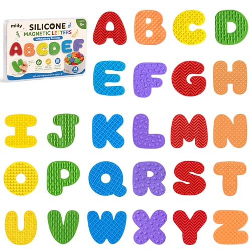 Silicone Magnetic Letters with Sensory Textures, 26 Uppercase Alphabet Magnets for Toddlers & Kids, ABC Magnets for Fridge & Whiteboard, Letter Recognition & Early Spelling Learning Toys