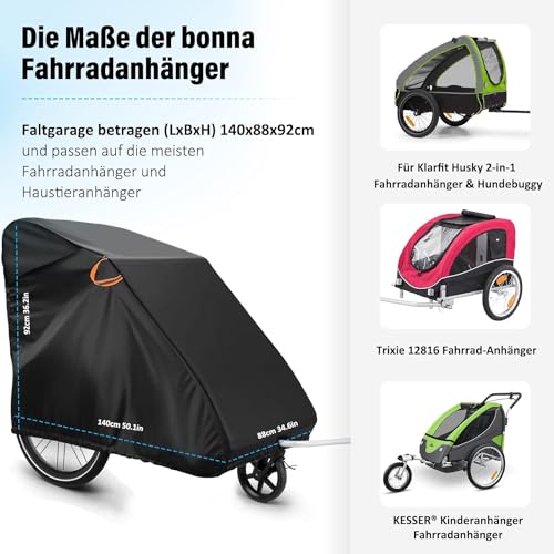 Bonna Faltgarage für Fahrradanhänger, Hundeanhänger und Lastenanhänger Abdeckung Wasserdicht - 600D Winddichtes Reißfestes Oxford-Gewebe fahrradanhänger Abdeckung zubehör - (140×88×92cm)