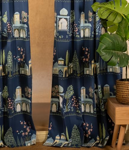 Image of Tranquebar Curtain Co. Window Curtains 5 Feet, 60-65% Room Darkening,Blue Mughal Print, Cotton Curtains for Window, Cotton Curtains 5 Feet Long Set of 2, BackTab Loops,Agra (152 cm) - Set of 2