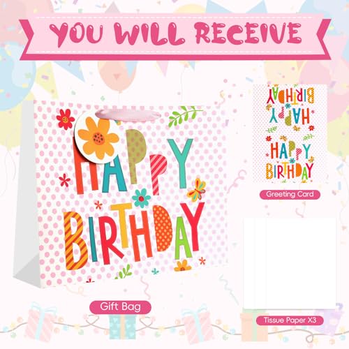Image of JMANNI Large Happy Birthday Gift Bag with Tissue Papers and Greeting Card,Portable Paper Gift Bags with Handles, Present Bags for Women Girls Birthday Party Supplies 13 inch x 10.2 inch x4.7 inch(Pink Floral)