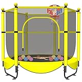 60' Trampoline for Kids, 5 FT Toddler Baby Trampoline with Safety Enclosure Net, Indoor or Outdoor Yellow Small Trampolines with Basketball Hoop, Birthday Gifts for Kids, Gifts for Boy Age 1-8