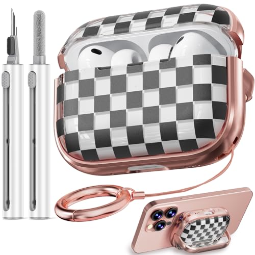 Image of Inesore for AirPods Pro 3 Case Cover 2025 with Lock-Black Checkerboard | Two-Piece Design,with Gold Keychain & Clean Pen, As Phone Stand,Support Wireless Charging,Cute Luxury Case for Women Girly