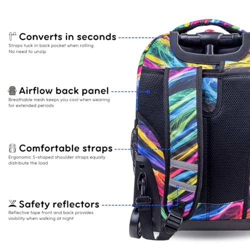 Image of J World Sunrise Kids Rolling Backpack with Wheels for Girls Boys, Roller Bookbag for School, 18 x 13 x 9 Inches, Quantum