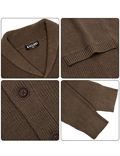 Kallspin Men's Merino Wool Blended Cardigan Sweater Relaxed Fit Shawl Collar Knitted Button Cardigan With Pockets (Dark Brown, 2X-Large) #TOP4