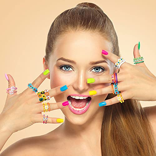 Jadive 29 Pieces Flower Beaded Ring Daisy Flower Bead Rings Set Rice Bead Rings Cute Handmade Vsco Boho Beach Rings Colorful Jewelry Ring Rainbow Colorful Beads Knuckle Ring Set For Girl Women #TOP4