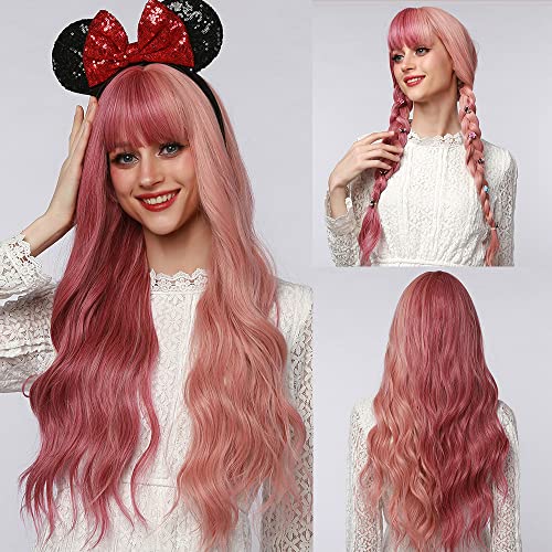 Perruque Bouclée Cheveux Longs Perruque Rose avec Frange Cosplay Anime la Fête Noël Synthétique Perruque Longs Cheveux Synthétiques Bouclés Perruques pour Femmes Cover