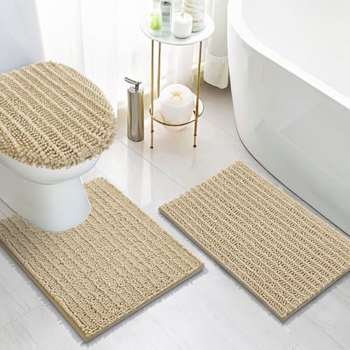 Arotive Luxury Chenille Bathroom Rugs 3 Piece with Toilet Lid Cover, Shaggy Soft and Absorbent Bath Rug, Non-Slip, Machine Washable Bath Mats for Bathroom(24x16+24x20+17.5x15, Beige