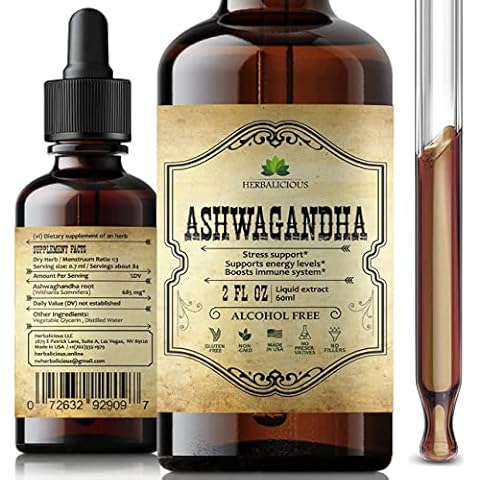 HERBALICIOUS Ashwagandha Supplement Natural Withania Somnifera Root Extract Liquid Drops - Natural Stress Relief, Mood Booster, Sleep Aid & Calming Support - Non-GMO Vegetarian Formula 2Fl oz Cover