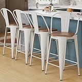 Alunaune 24' Swivel Metal Bar Stools Set of 4 High Back Counter Height Barstools Industrial Dining Bar Chairs with Large Wooden Seat-White