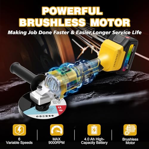 OUBA Cordless Angle Grinder Compatible for Dewalt battery 21V Power Angle Grinder 4.0Ah, Metal Grinder with LED, 6 Variable Speed, 4-1/2\" Cutting Wheel, Flap Disc for Cutting, Polishing, Yellow