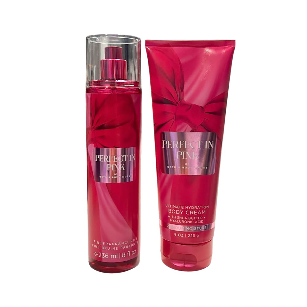 Bath & Body Works PERFECT IN PINK Fine Fragrance Mist & Ultimate Hydration Body Cream 2pc Gift Set with a Blue Bow for Holidays – Full Size