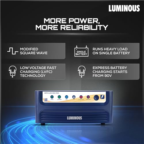 Image of Luminous Inverter & Battery Combo for Home, Office & Shops | Hercules Sine Pro 1500 (1400VA /12V) Pure Sine Wave Inverter | AB30060 5Hr Backup Gel Battery | 36M Inverter & 60M Battery Warranty