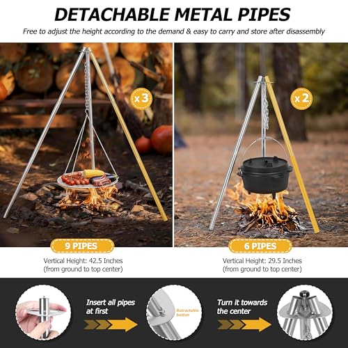 Image of HaSteeL Stainless Steel Campfire Tripod Grill for Camping Cooking Barbecue | 17 inch Folding Grate for 2-4 People, Adjustable Height, Openfire Stand Hanger for Outdoors Beach Firepit BBQ, Easy to Assemble