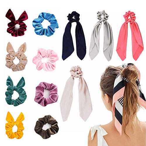 12 Pcs Premium Velvet Hair Scrunchies and Satin Silk Elastic Hair Bands Scarf & Bow Ponytail Holder Ropes Scrunchie Hair Ties for Women VSCO Girl Necessities