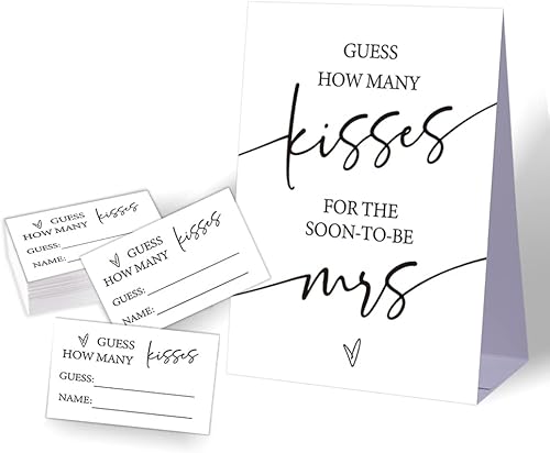Juego de despedida de soltera How Many Kisses, juego minimalista de despedida de soltera, juegos de despedida de soltera, 1 letrero y 50 tarjetas A43