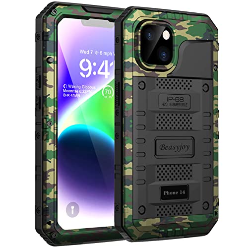 Beasyjoy for iPhone 14 Case Waterproof, Metal Heavy Duty Full Body Protective Case with Built-in Screen Protector, Military Grade Shockproof Dustproof Defender Rugged Cover 6.1 Inch, Camo