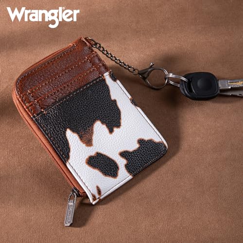 Image of Montana West Wrangler Cow Print Credit Card Holder Cute Keychain Wallet with A Zipper Pocket
