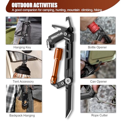 Image of Carabiner Multitool with Pocket Knives, EDC Carabiners, Serrated Knife, Rope Cutter, Screwdriver, Can Bottle Opener, Ruler, Folding Knife for Camping Hiking, Multitool Survival Gear (Orange)