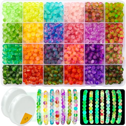JHYlilia Glow in The Dark Glass Beads for Jewelry Making, 1600Pcs 6MM 24 Grids Crystal Gemstone Beads Round Spacer DIY Craft Bead for Bracelet Necklace Earrings Phone Lanyard Wedding Decor