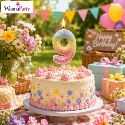 Image of Wanna Party Glitter Colorful 9th Birthday Candle, Birthday Number 9 Cake Candle Cake Toppers for Girl Women, Glitter Colorful Themed Party Decorations Supplies Birthday Gifts