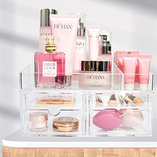 Acrylic Makeup Organizer Makeup Storage, GANBIPU Multipurpose Desk Organizer with Drawers Cosmetic Display Case for Vanity Dresser Bedroom Bathroom Office Countertop Organization…