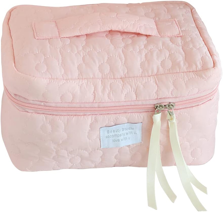 LushandyMakeup Bag Travel Cosmetic Bag Cute Cotton Toiletry Bag Quilted Flower Organizer Bag Large Capacity Handheld Portable Storage Zipper Purse for Women, Pink, One Size, Multifunctional