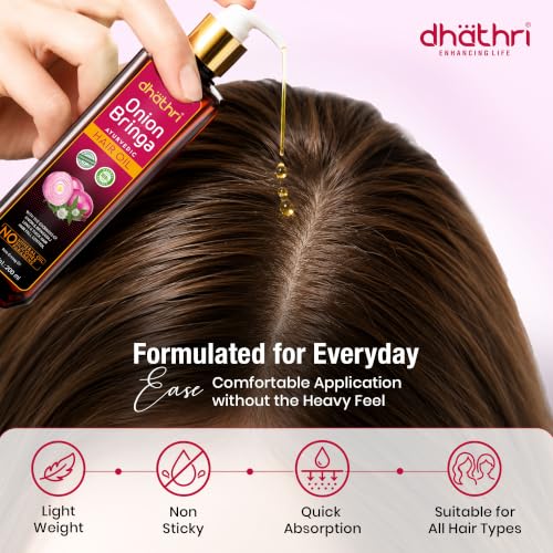 Image of Dhathri Onion Bringa Oil with Indian Aloe, Curry Leaf & Ashwagandha | Onion Hair Growth Oil for Thick & Healthy Hair | No Mineral Oils, SLS & Silicones | Ayurvedic Hair Oil | All Hair Types, 200ml
