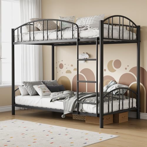 Garvee Bunk Bed Twin Over Twin with Ladder and Arched Guardrail, Heavy Duty Bunkbeds Frame with Sturdy Steel Slats Support for Kids Boys Girls, Space-Saving, No Box Spring Needed, Black