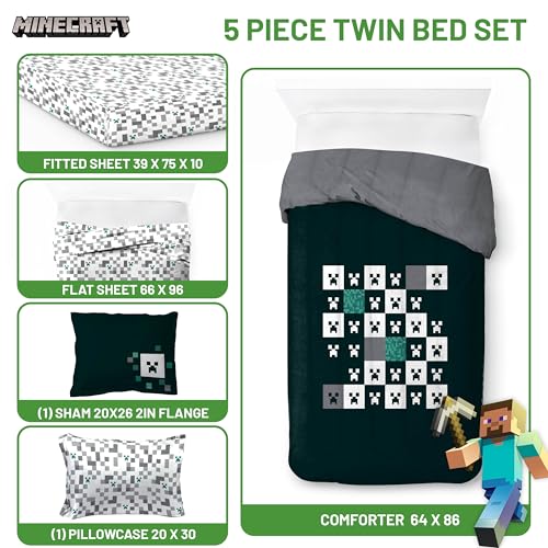 Image of Minecraft Creeper Twin Comforter Set 5 Piece Video Game Bedding, Green | Zombie Enderman, Bed in a Bag, Comforter Sheets Sham Pillowcase, Official Product, Microfiber, Machine Washable, Kids Gift