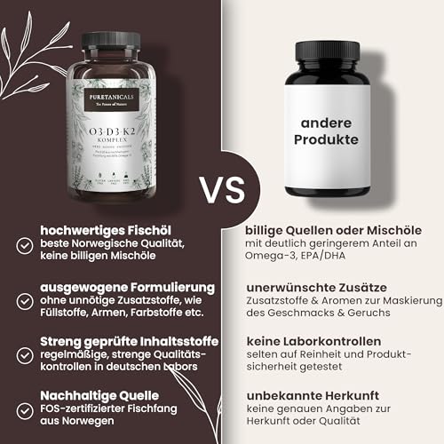 PURETANICALS Omega 3 + Vitamin D3 + K2 MK7 All-Trans | 240 Kapseln hochdosiert Premium Essentials O3-D3-K2 - Fischöl mit essentiellen EPA & DHA Fettsäuren | Fisch Öl Omega3 Fish Oil Tropfen Drops