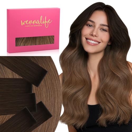 Image of WENNALIFE Invisi Edge Tape in Hair Extensions Human Hair,#1 /2 /4,24 Inch | 24 Inch 30g 10pcs Ombre Dark Brown to Light Chestnut Brown Invisi Remy Hair Natural Seamless Injected Tape Ins Straight