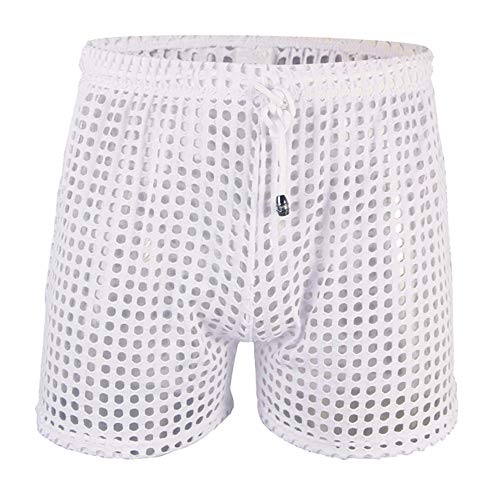 Mens Hollow Openwork Drawstring Lounge Underwear Boxer Shorts Loose Bikini Trunks Multi Color (Xx-Large, White) #TOP3