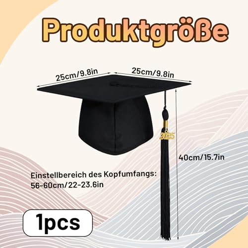 AHEJIOO Doktorhut mit 2025 Quaste - Verstellbarer Abschluss Hut Bachelor Geschenk Graduation Hat in Schwarz