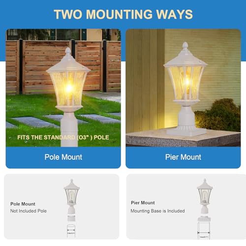Outdoor Post Light for Pathway Courtyard Lawn Road, Pier Mount Outdoor Lighting, Waterproof White Pole Lamp Light Pillar Lantern with 3" Pier Mount Base, Aluminum Fence Frame, Glass Shade