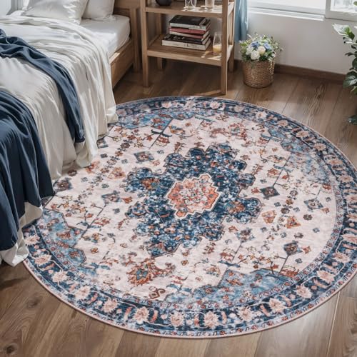 Image of Tangsoo Washable Round Rug 4ft, Oriental Non Slip Small Circle Rug Blue