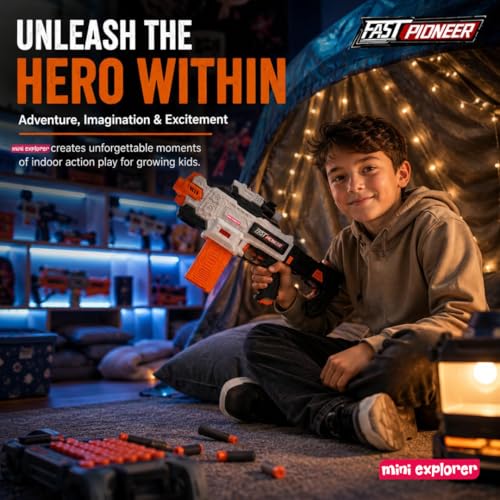 Image of MiniExplorer Automatic Alfa Striker Dart Blaster Toy Gun for Kids, Electronic Foam Dart Blaster with 20 Darts, Removable Stock & Barrel, Outdoor Action Toy for Boys & Girls Age 8+