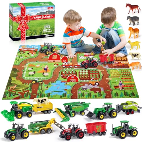 Oriate Bauernhof Traktor Spielzeug, Druckguss, DIY Fahrzeuge LKW Maschinen Spielset 38-teilig mit Nutztier, Realistisches Pädagogisches Farm-Set für Kinder, inklusive Mähdrescher, Anhänger, Kuh