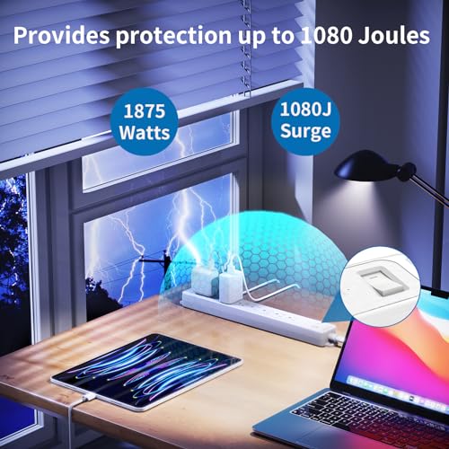 Extensión 25 ft NTONPOWER Protector contra sobretensiones, 15A Cable pesado, 7 tomas, enchufe plano para cocina, hogar y oficina, blanco, 1080 J miniatura 3