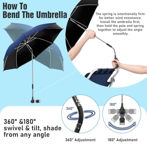 Image of 2 PACK Beach Umbrella with Clamp, 360 Adjustable Umbrellas for Chair, UPF50+ Umbrella for Beach Chair, Patio Chair, Wheelchair, Camping Chair, Golf Carts (Chair Not Included)