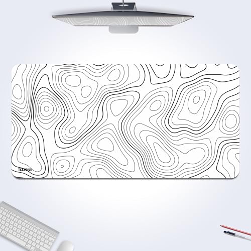 Image of XXL White Topographical Extended Mousepad (17.5x35.5) inches for Laptop Desktop PC and Gaming Desk Mat Rubber Base Desk Pad