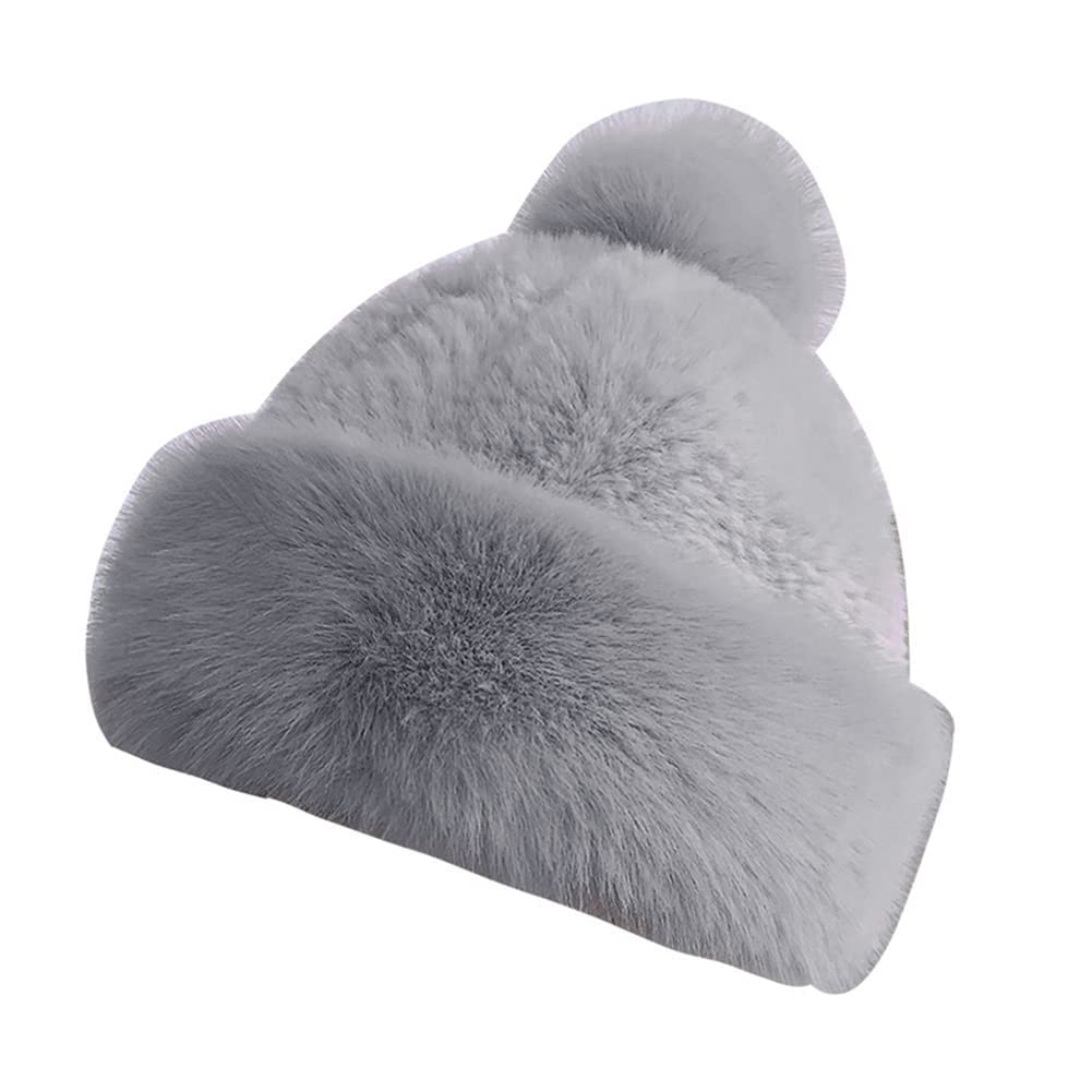 MoreChioceMoreChioce Faux Fur Hat for Women, Women Hat Faux Fox Fur Winter Hat Warm Dome Hat Winter Hat Women Ear Protection Plush Pompom Hat Cute Faux Fur Trimmed Winter Hat for Women,Grey