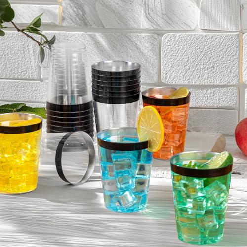 Image of DaYammi 100 Pack Black Plastic Cups 10Oz Clear Disposable Cups with Black Rim, Clear Cocktail Cup Heavy Duty Disposable Wine Glasses Disposable Fancy Plastic Cups for Party Wedding