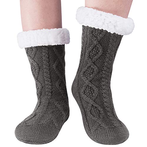 YSense Womens Winter Warm Thick Knit Sherpa Fleece Lined Christmas Cozy Fuzzy Slipper Socks with Grippers (B2-Dark Grey)