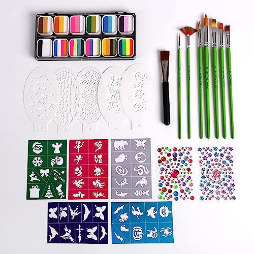 Watolor Paint Palette Set Painting Colors Set Professional F Split Cakes with 8 Paintbrushes+10 Stencils+2 Stickers & Water Activated F and Body Painting Makeup Hypoallergenic
