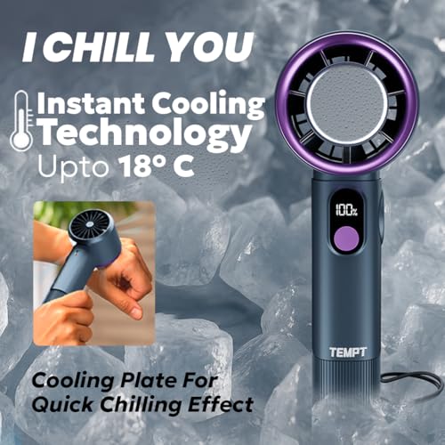 Image of TEMPT ICY Portable Cooling Hand Fan, 14000+ RPM Turbo Speed, USB-C, Grey | 12-Hour Runtime, Ultra Quiet 30dB, Smart LED Display, 4 Speed Settings, USB-C Fast Recharge, 4000mAh Battery, Portable Design