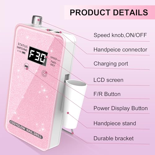 Professional Electric Nail Drill File:COSYGLOW Glitter Portable Cordless E-File Nail Drill Kit with 11 Drill Bits,30000 RPM Rechargeable Nail Drills Machine for Acrylic Nails Gel Polishing (Pink) - image 9